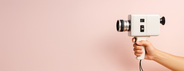 Aufkleber - Hand holding vintage film camera against light pink background with copy space for creative design or hobby-themed template mockup use.