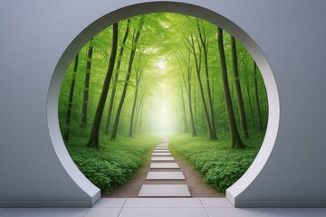 Poster - Surreal circular doorway opens to bright forest path with vibrant green trees and glowing light in background as nature landscape concept vision.