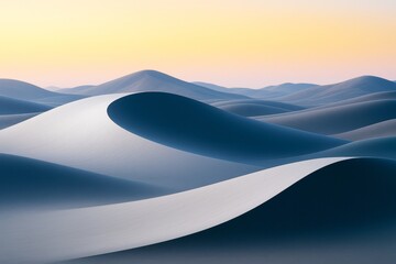 Poster - Surreal desert landscape with soft blue sand dunes and pastel sky background in dreamy morning light, showcasing natural beauty and creative design..