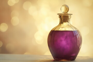 Poster - Glass bottle filled with purple liquid, against a bokeh background.