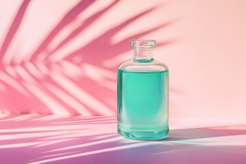 Poster - Teal glass bottle on a pink background with tropical shadows.