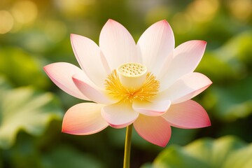 Poster - Pink lotus flower in full bloom with soft lighting on a blurred green background symbolizing peace, purity, and natural elegance. Ai generative.