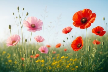 Poster - Blooming pink and red poppies in a sunlit meadow with soft focus background and tall grass under a clear blue sky. Ai generative.