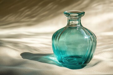 Poster - Teal glass bottle on a textured surface.