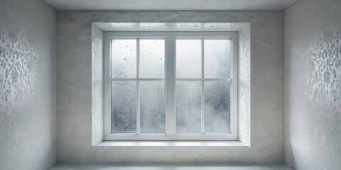 Poster - A white framed window with condensation on the glass, set into a textured wall in a minimalist room