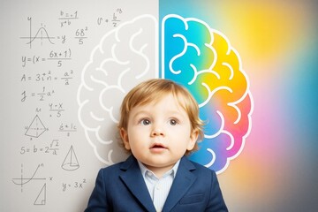 Poster - Curious child in suit standing between scientific formulas and colorful brain illustration symbolizing logic and creativity balance concept.