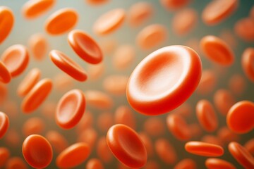 Poster - Close-up of realistic 3D red blood cells floating in soft light with scientific concept on gradient background. Ai generative.
