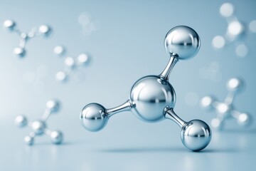 Aufkleber - Metallic molecular structure model with shiny silver atoms on soft blue background illustrating futuristic science and technology concept.