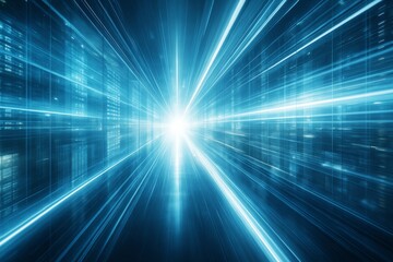 Poster - Futuristic light burst in digital data corridor with glowing blue rays and bright center on a sci-fi background concept of data transfer and science fiction.