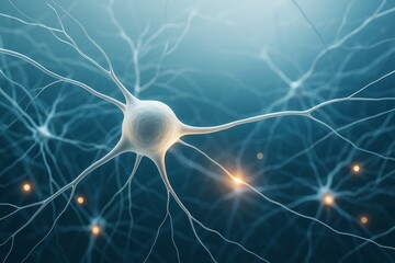 Poster - Neuron cell structure with glowing synapses on abstract blue background, symbolizing brain activity and neural communication in science concept.