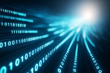 Aufkleber - Binary code flowing through glowing blue digital streams on a dark background, symbolizing data transmission and futuristic technology concept.