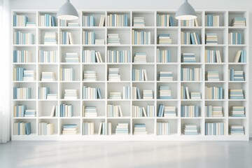 Poster - Minimalist white bookshelf filled with pastel books in modern interior with soft natural light, clean and organized concept for knowledge background.