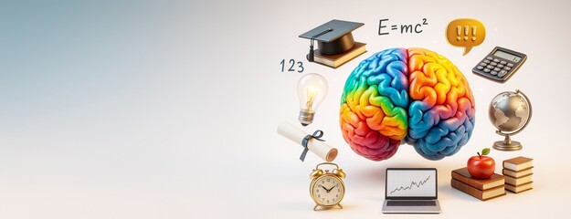 Poster - Colorful human brain with educational symbols including books, globe, calculator, and diploma on white-blue gradient background for learning concept.