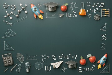 Poster - Science themed school background with educational symbols, light elements, and abstract objects like rockets, formulas, and molecules on chalkboard..