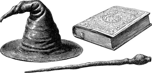 Wall Mural - Vintage engraved set of wizard hat, magic book, and wand for fantasy design