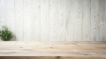 Aufkleber - A Rustic Wooden Tabletop with a Blurred Light Wood Panel Background and a Hint of Greenery