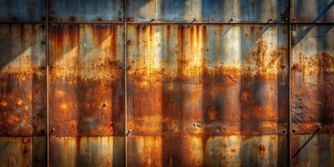 Poster - Rustic Metal Wall Texture Sun-Drenched Panels of Oxidized Steel Showing Rich Tones of Brown, Orange, and Gray