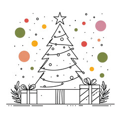 Wall Mural - One line drawing of a Christmas tree with a star on top. Festive pine plant and gift box, color spots. Minimalist hand-drawn sketch, isolated PNG
