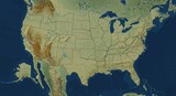 Topographic map of the USA highlighting mountains, plains, rivers, and coastal regions