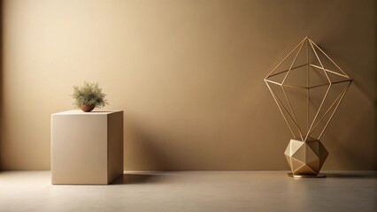 Poster - Minimalist interior scene with beige cube and geometric gold sculpture