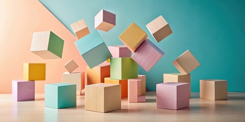 Poster - Pastel-colored cubes levitate and rest on a light wood surface against a soft teal and peach background, creating a playful yet sophisticated visual composition.