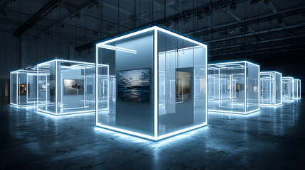 Poster - Neon gallery showcasing abstract art in luminous cubes presenting a modern and futuristic exhibition