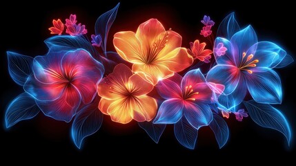 Poster - Neon flowers in vibrant hues on a dark background