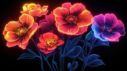 Poster - Neon-hued floral bouquet against a black background.  Vibrant blossoms in orange, red, and purple glow with outlined petals