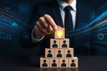 Poster - A strategic business decision is highlighted by placing a glowing idea block atop a pyramid team symbols symbolizing leadership and innovation driving growth