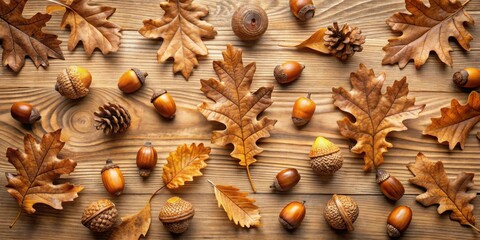 Aufkleber - Autumnal arrangement of acorns and oak leaves on a rustic wooden surface