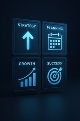 Poster - This futuristic business dashboard visually represents strategy planning growth and success as key drivers for effective decision-making and sustainable work progress