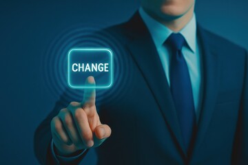Poster - A businessman uses a digital interface to initiate change symbolizing strategy and decision-making that drives business growth and innovation