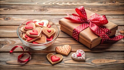 Poster - Heart-shaped cookies and a gift with a polka dot ribbon on a rustic wooden table