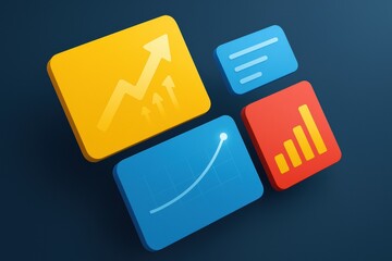 Poster - This floating financial dashboard features vibrant blocky modules arranged diagonally illustrating strategy growth and business decisions through striking yellow sky blue and red colors