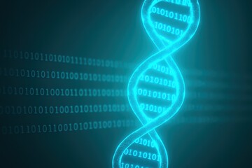 Poster - The glowing DNA helix intertwined with binary code symbolizes innovation and strategy in business highlighting growth and decision-making efficiency in biotechnology