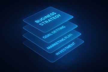 Poster - This isometric digital interface illustrates the layered concept business strategy emphasizing growth decision-making and goal setting with a modern tech visualization