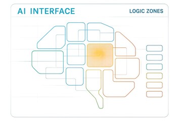 Poster - This AI interface illustrates modular brain logic zones with translucent color-coded tiles symbolizing innovation and strategy in business decision-making