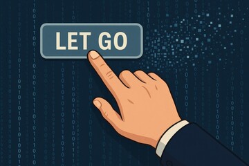 Poster - A business strategy decision is symbolized by a pressing a 'let go' button representing leadership in innovation and growth management
