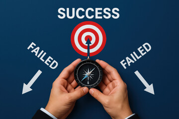 Poster - Holding a compass aligned with a success target symbolizes decisive strategy and business decision-making to guide growth and avoid failure