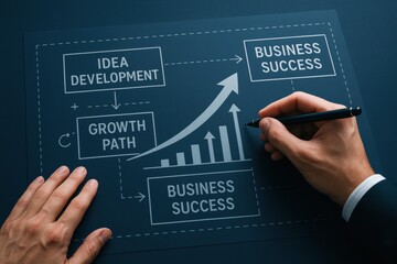 Poster - A strategic business plan is being drafted showing the pathway from idea development to sustained growth and success illustrating clear decision making