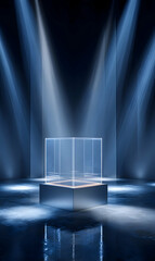 Poster - Illuminated cube on pedestal, stage spotlight concept with dark background, luxury showcase presentation