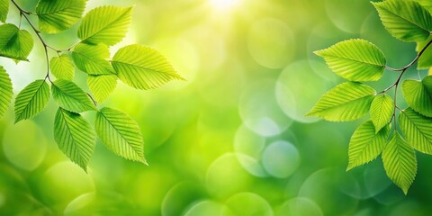 Poster - Vibrant Springtime Foliage Lush Green Leaves Illuminated by Sunlight Against a Soft Bokeh Background