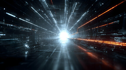 Poster - Abstract futuristic digital tunnel leading towards a bright white light at the end of the path