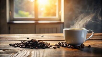 Poster - Aromatic Morning Brew Steaming Coffee Cup and Roasted Beans on Rustic Wooden Table
