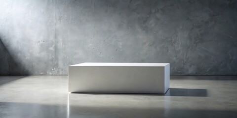Poster - A pristine white block rests on a polished concrete floor, bathed in the soft glow of natural light against a textured gray wall.