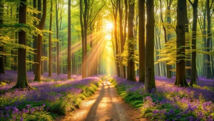 Poster - Sunlit Path Through a Spring Woodland with Vibrant Purple Flowers