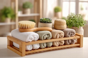 Poster - elegant spa arrangement with towels, brush, and plants on a wooden shelf, creating a relaxing and in