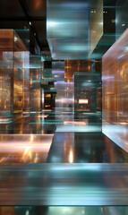 Poster - Abstract futuristic architecture with metallic cubes in a surreal perspective, an immersive installation creating depth and wonder, contemporary and innovative