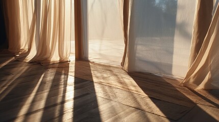 Wall Mural - Gentle Translucent Curtain Flowing Gracefully Ethereal Fabric Movement Soft Light Filtering Serene Atmosphere Delicate Textile Motion Dreamy Visual Background Subtle Wind Effect
