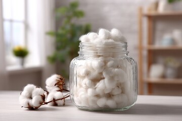 Poster - A close-up of a clear glass jar filled with soft, white cotton balls, placed on a white wooden surface with cotton flowers, with a blurred background.
